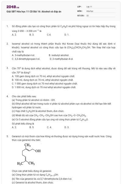 Giải SBT Hóa học 11 CD Bài 16: Alcohol có đáp án