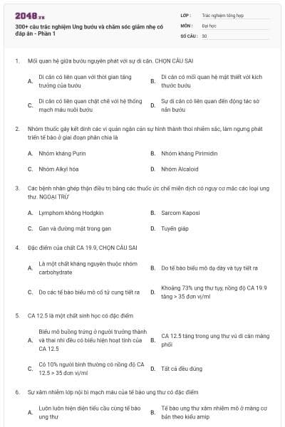 300+ câu trắc nghiệm Ung bướu và chăm sóc giảm nhẹ có đáp án - Phần 1
