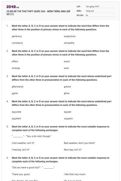 25 BỘ ĐỀ THI THỬ THPT QUỐC GIA - MÔN TIẾNG ANH (ĐỀ SỐ 21)