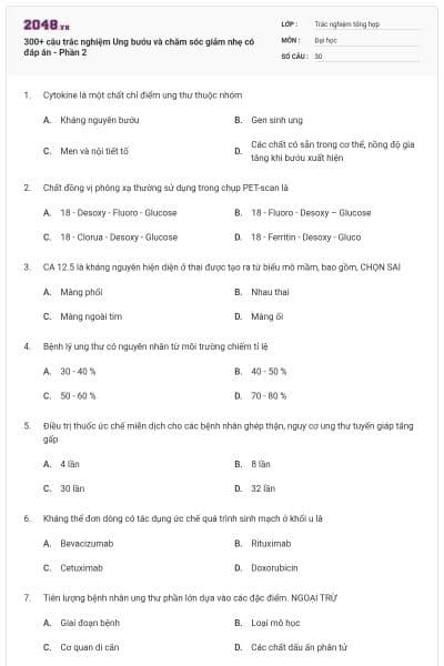 300+ câu trắc nghiệm Ung bướu và chăm sóc giảm nhẹ có đáp án - Phần 2