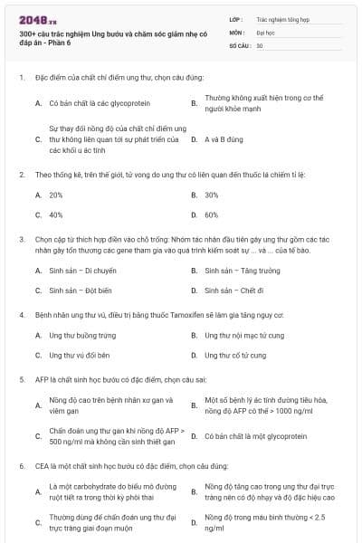 300+ câu trắc nghiệm Ung bướu và chăm sóc giảm nhẹ có đáp án - Phần 6