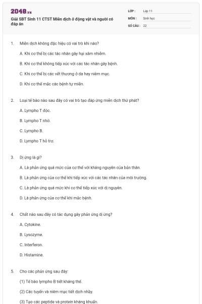 Giải SBT Sinh 11 CTST Miễn dịch ở động vật và người có đáp án