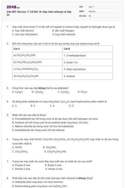 Giải SBT Hóa học 11 CD Bài 18: Hợp chất carbonyl có đáp án