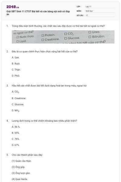 Giải SBT Sinh 11 CTST Bài tiết và cân bằng nội môi có đáp án