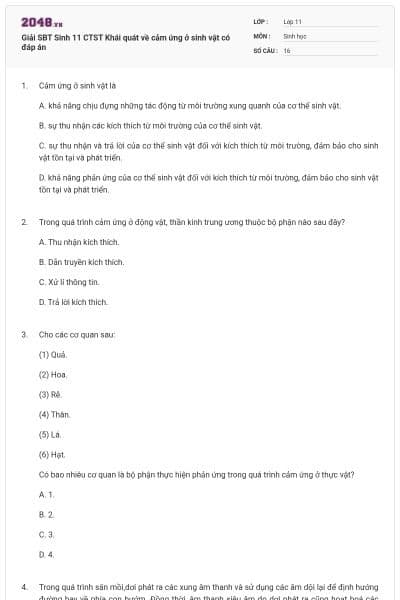 Giải SBT Sinh 11 CTST Khái quát về cảm ứng ở sinh vật có đáp án
