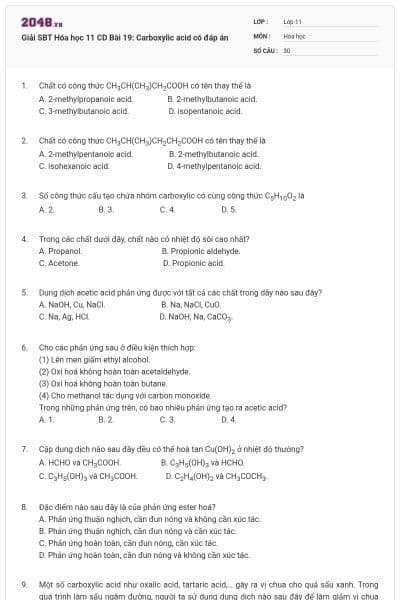 Giải SBT Hóa học 11 CD Bài 19: Carboxylic acid có đáp án