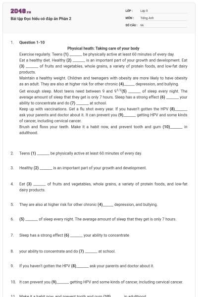 Bài tập Đọc hiểu có đáp án Phần 2