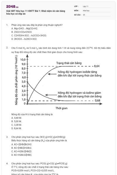 Giải SBT Hóa học 11 KNTT Bài 1: Khái niệm về cân bằng hóa học có đáp án