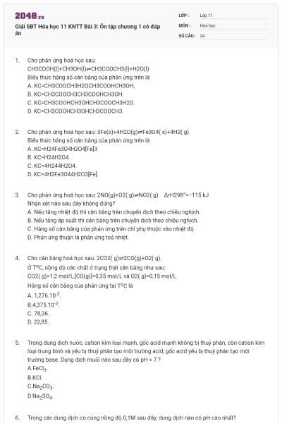 Giải SBT Hóa học 11 KNTT Bài 3: Ôn tập chương 1 có đáp án