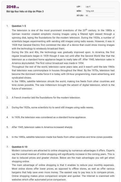 Bài tập Đọc hiểu có đáp án Phần 3