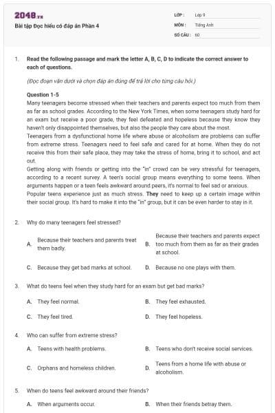 Bài tập Đọc hiểu có đáp án Phần 4