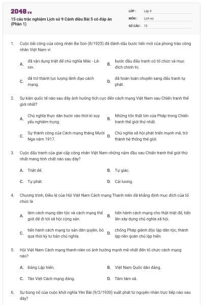 15 câu trắc nghiệm Lịch sử 9 Cánh diều Bài 5 có đáp án (Phần 1)