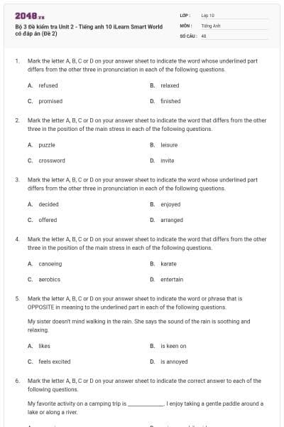 Bộ 3 Đề kiểm tra Unit 2 - Tiếng anh 10 iLearn Smart World có đáp án (Đề 2)