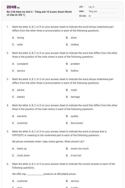 Bộ 3 Đề kiểm tra Unit 3 - Tiếng anh 10 iLearn Smart World có đáp án (Đề 1)