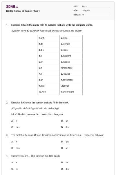 Bài tập Từ loại có đáp án Phần 1