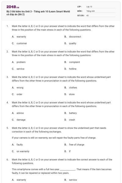 Bộ 3 Đề kiểm tra Unit 3 - Tiếng anh 10 iLearn Smart World có đáp án (Đề 2)