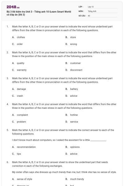 Bộ 3 Đề kiểm tra Unit 3 - Tiếng anh 10 iLearn Smart World có đáp án (Đề 3)