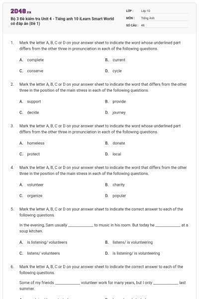 Bộ 3 Đề kiểm tra Unit 4 - Tiếng anh 10 iLearn Smart World có đáp án (Đề 1)
