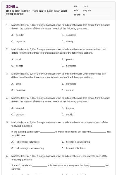 Bộ 3 Đề kiểm tra Unit 4 - Tiếng anh 10 iLearn Smart World có đáp án (Đề 2)