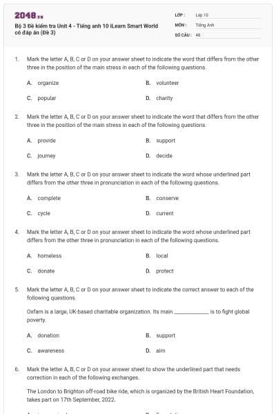 Bộ 3 Đề kiểm tra Unit 4 - Tiếng anh 10 iLearn Smart World có đáp án (Đề 3)