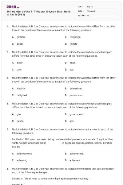 Bộ 3 Đề kiểm tra Unit 5 - Tiếng anh 10 iLearn Smart World có đáp án (Đề 2)
