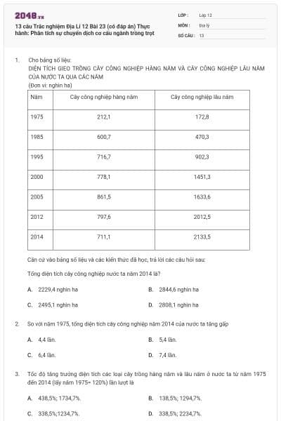 13 câu Trắc nghiệm Địa Lí 12 Bài 23 (có đáp án) Thực hành: Phân tích sự chuyển dịch cơ cấu ngành trồng trọt