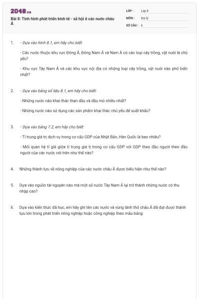 Bài 8: Tình hình phát triển kinh tế - xã hội ở các nước châu Á