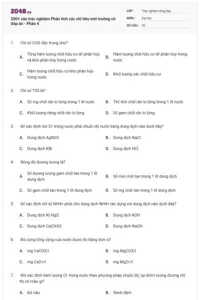 200+ câu trắc nghiệm Phân tích các chỉ tiêu môi trường có đáp án - Phần 4