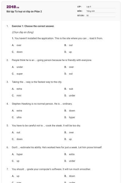 Bài tập Từ loại có đáp án Phần 2