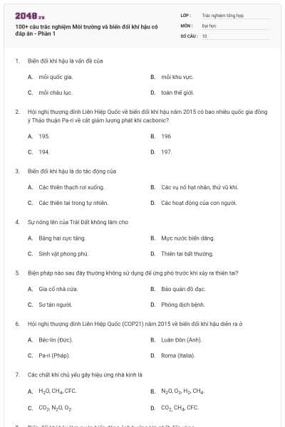 100+ câu trắc nghiệm Môi trường và biến đổi khí hậu có đáp án - Phần 1