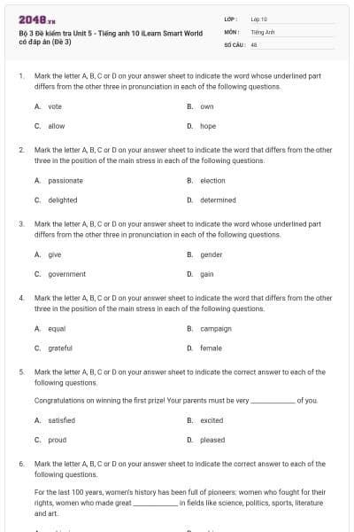Bộ 3 Đề kiểm tra Unit 5 - Tiếng anh 10 iLearn Smart World có đáp án (Đề 3)
