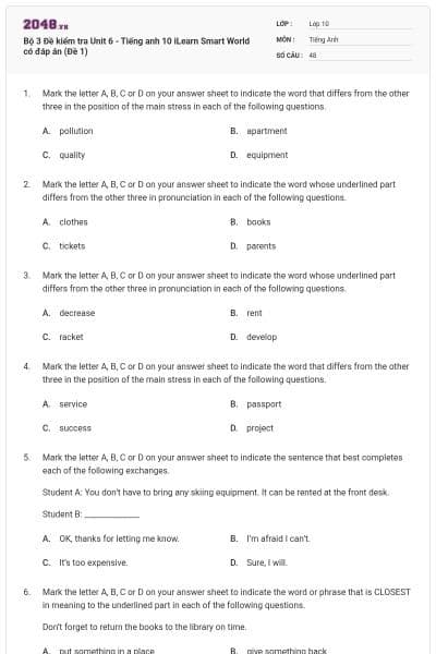 Bộ 3 Đề kiểm tra Unit 6 - Tiếng anh 10 iLearn Smart World có đáp án (Đề 1)