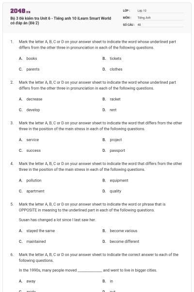 Bộ 3 Đề kiểm tra Unit 6 - Tiếng anh 10 iLearn Smart World có đáp án (Đề 2)