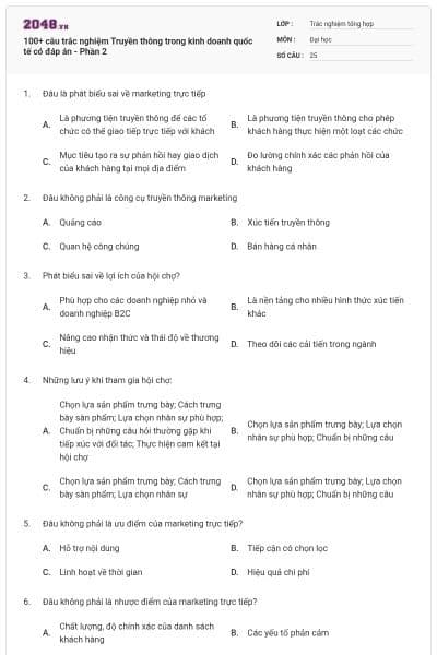 100+ câu trắc nghiệm Truyền thông trong kinh doanh quốc tế có đáp án - Phần 2