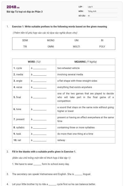 Bài tập Từ loại có đáp án Phần 3