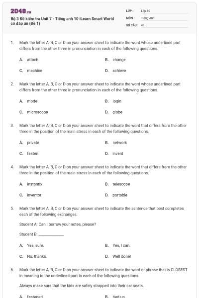 Bộ 3 Đề kiểm tra Unit 7 - Tiếng anh 10 iLearn Smart World có đáp án (Đề 1)