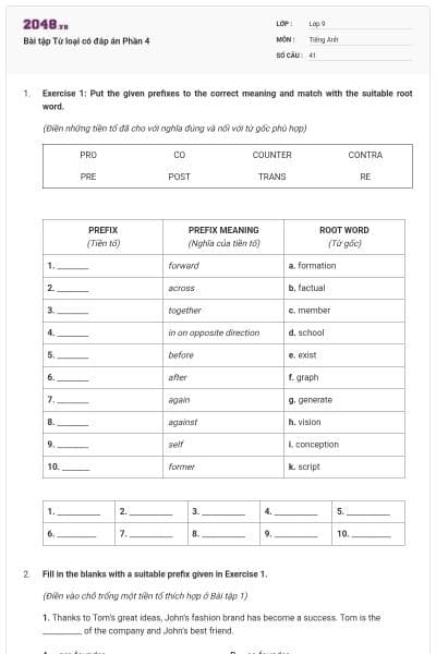 Bài tập Từ loại có đáp án Phần 4