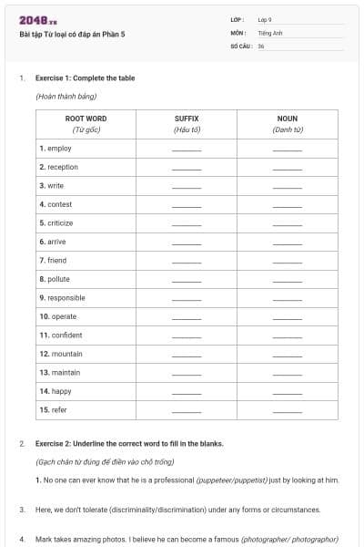 Bài tập Từ loại có đáp án Phần 5