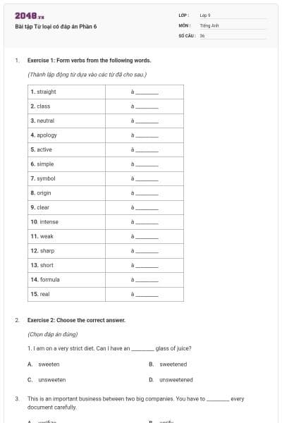 Bài tập Từ loại có đáp án Phần 6