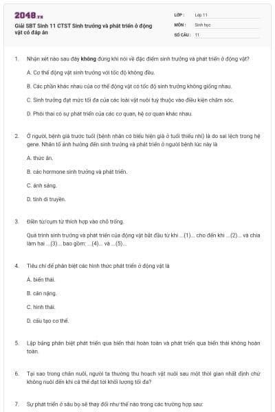 Giải SBT Sinh 11 CTST Sinh trưởng và phát triển ở động vật có đáp án