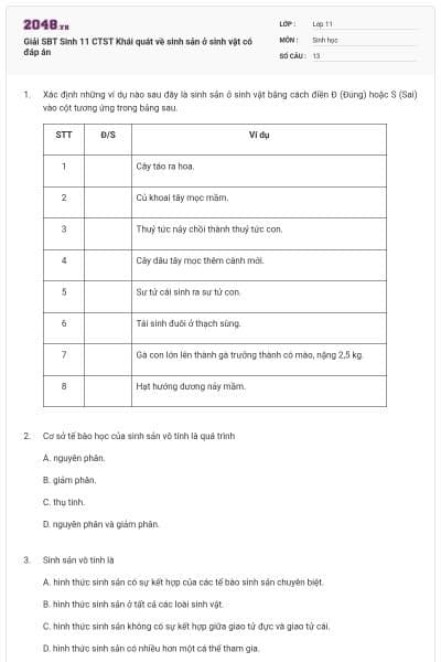 Giải SBT Sinh 11 CTST Khái quát về sinh sản ở sinh vật có đáp án
