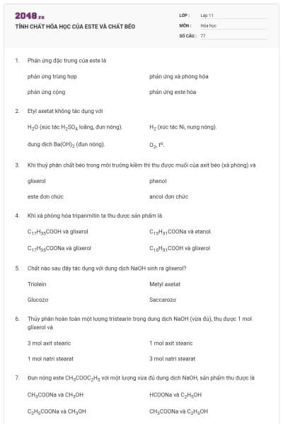 TÍNH CHẤT HÓA HỌC CỦA ESTE VÀ CHẤT BÉO