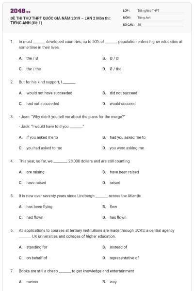 ĐỀ THI THỬ THPT QUỐC GIA NĂM 2019 – LẦN 2 Môn thi: TIẾNG ANH (Đề 1)