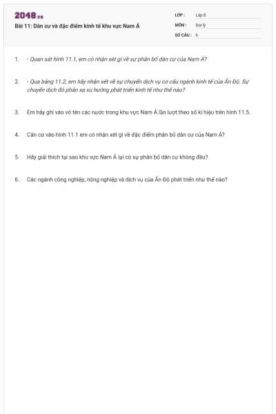 Bài 11: Dân cư và đặc điểm kinh tế khu vực Nam Á
