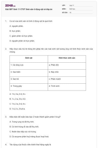 Giải SBT Sinh 11 CTST Sinh sản ở động vật có đáp án