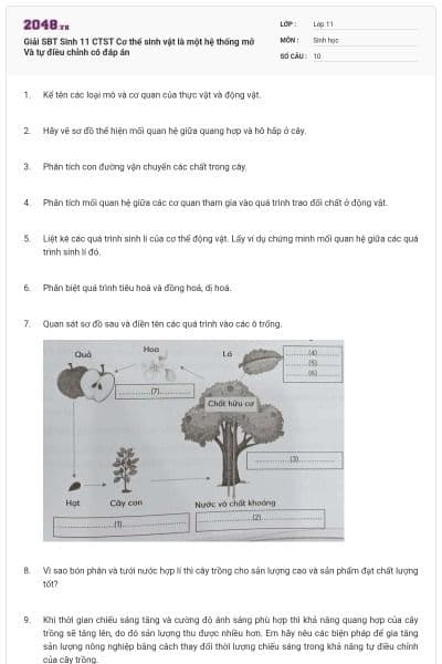 Giải SBT Sinh 11 CTST Cơ thể sinh vật là một hệ thống mở Và tự điều chỉnh có đáp án
