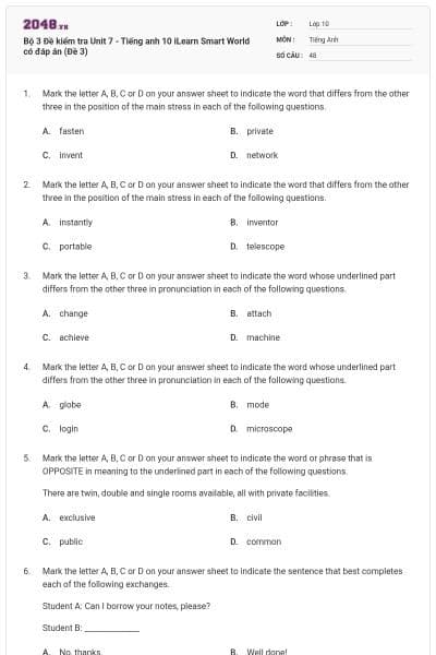 Bộ 3 Đề kiểm tra Unit 7 - Tiếng anh 10 iLearn Smart World có đáp án (Đề 3)