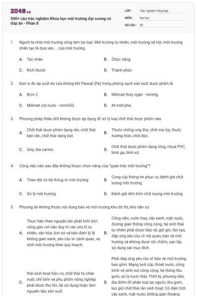 500+ câu trắc nghiệm Khoa học môi trường đại cương có đáp án - Phần 8