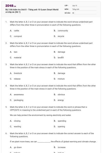 Bộ 3 Đề kiểm tra Unit 8 - Tiếng anh 10 iLearn Smart World có đáp án (Đề 1)