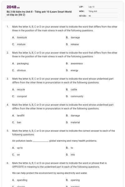 Bộ 3 Đề kiểm tra Unit 8 - Tiếng anh 10 iLearn Smart World có đáp án (Đề 2)
